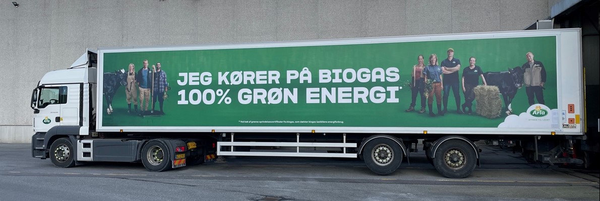 Nye Arla reklamer på Biogas lastbiler - 100% Grøn energi - Flexsign får budskabet ud i gadebilledet